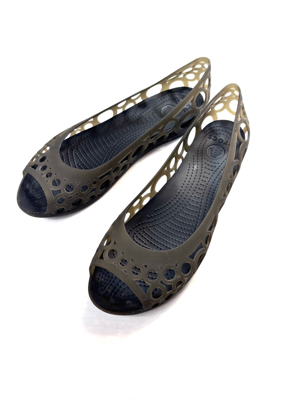 Crocs Adrina III Cutout Peep Toe Flats Women’s 10 Slip On Shoes Brown Green